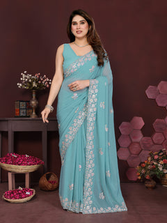 Turquoise Blue Georgette Silk Embroidered Saree with Floral Border & Unstitched Blouse