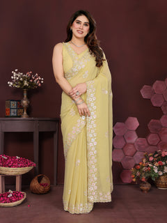 Yellow Georgette Silk Embroidered Saree with Floral Border & Unstitched Blouse