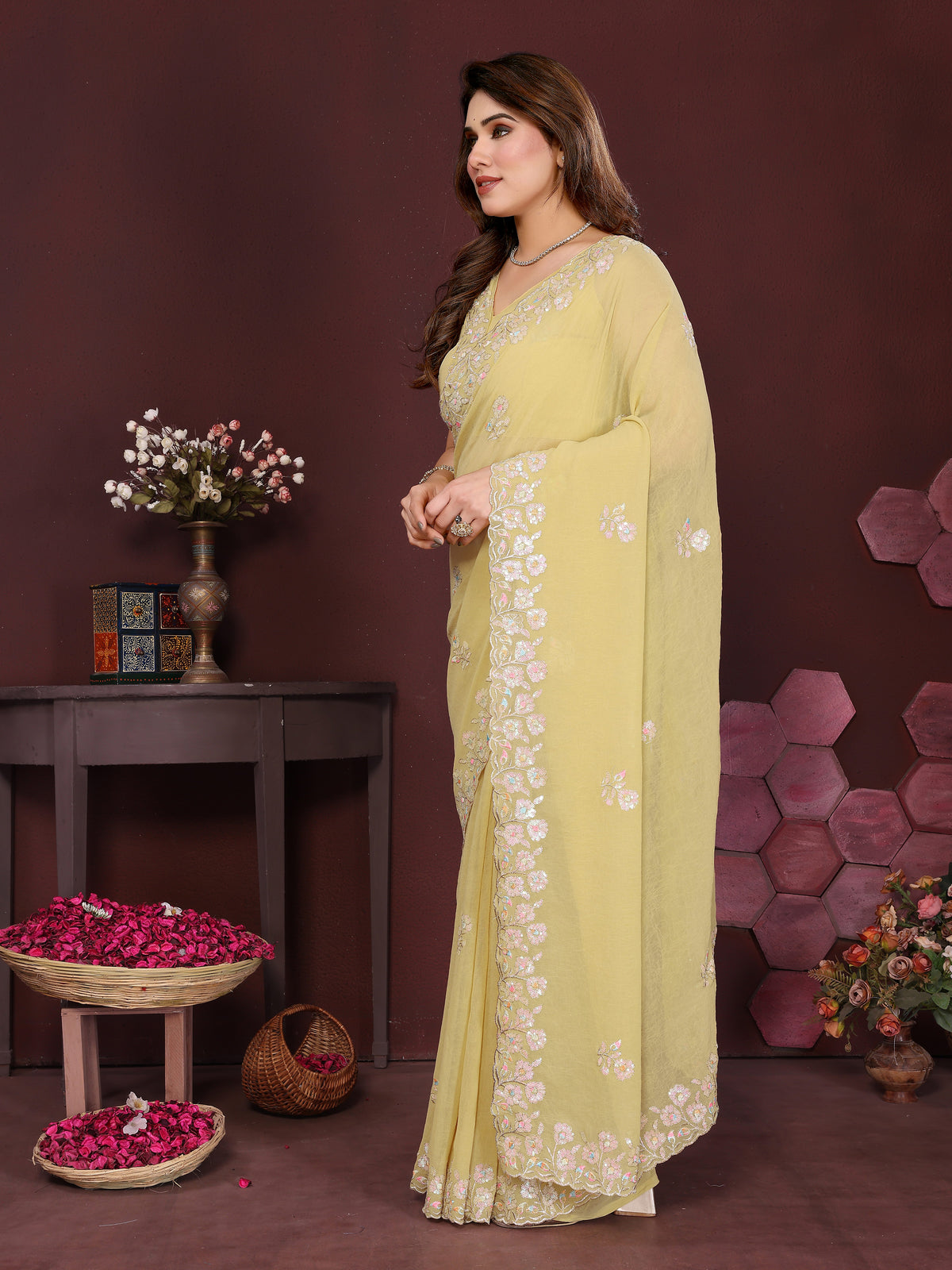 Yellow Georgette Silk Embroidered Saree with Floral Border & Unstitched Blouse