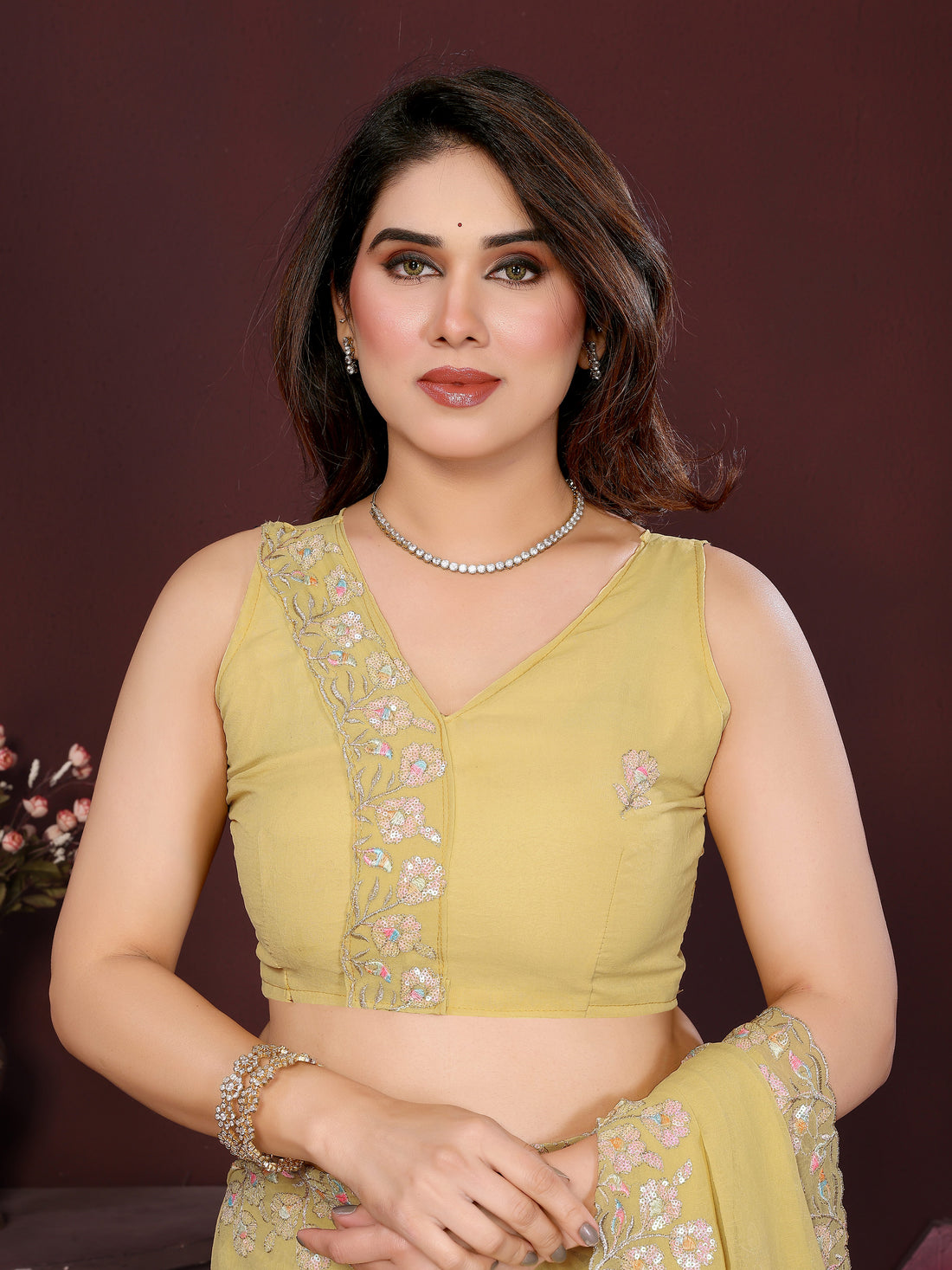 Yellow Georgette Silk Embroidered Saree with Floral Border & Unstitched Blouse