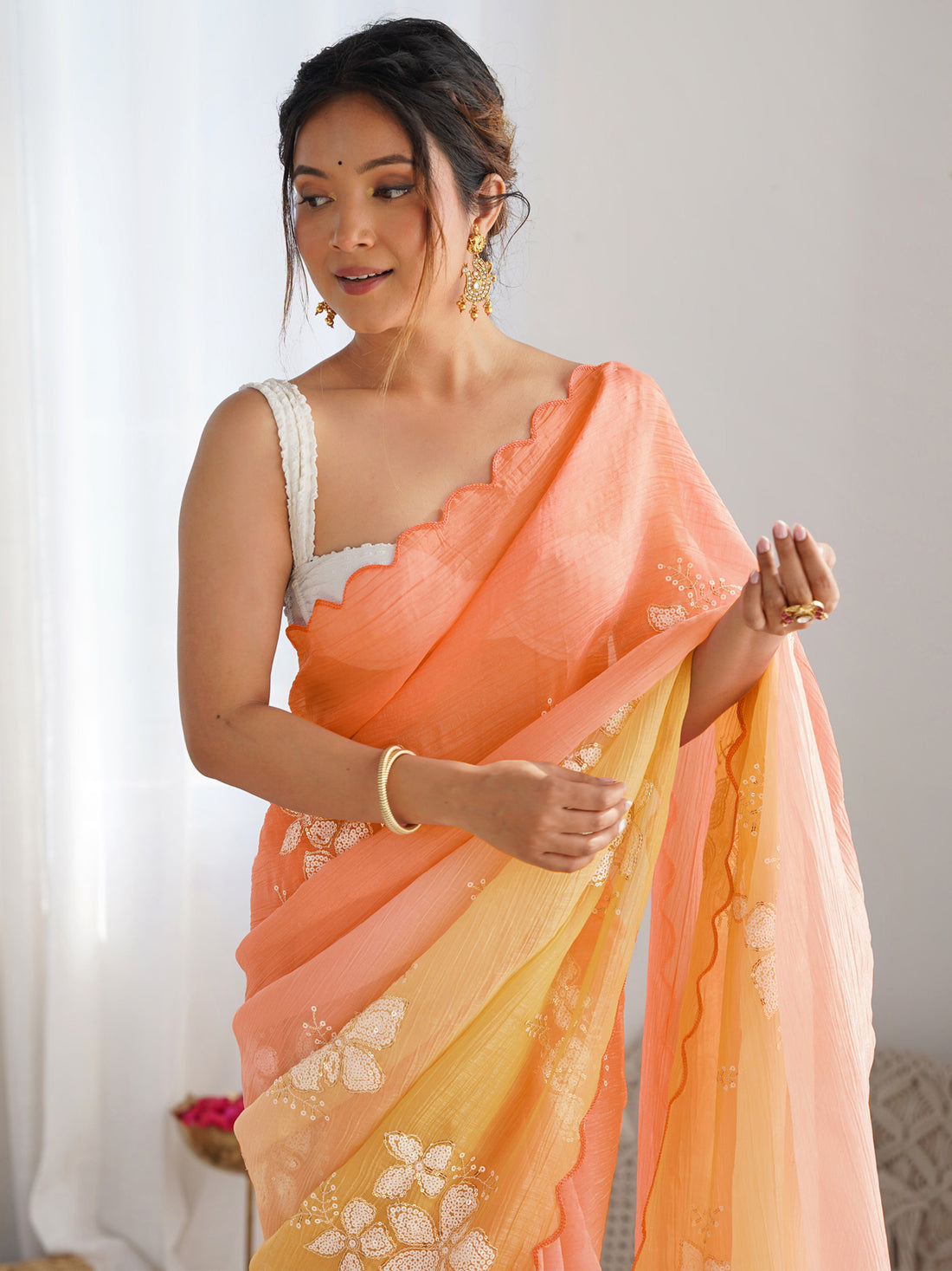 Orange & Yellow Gold Crush Silk Embroidered Saree with Scalloped Border & Roto Banglori Silk Blouse