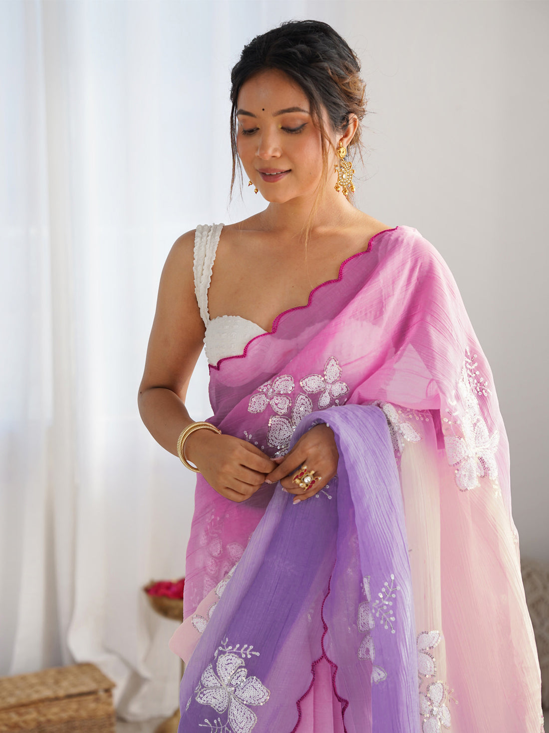 Pink & Lavender Gold Crush Silk Embroidered Saree with Scalloped Border & Roto Banglori Silk Blouse