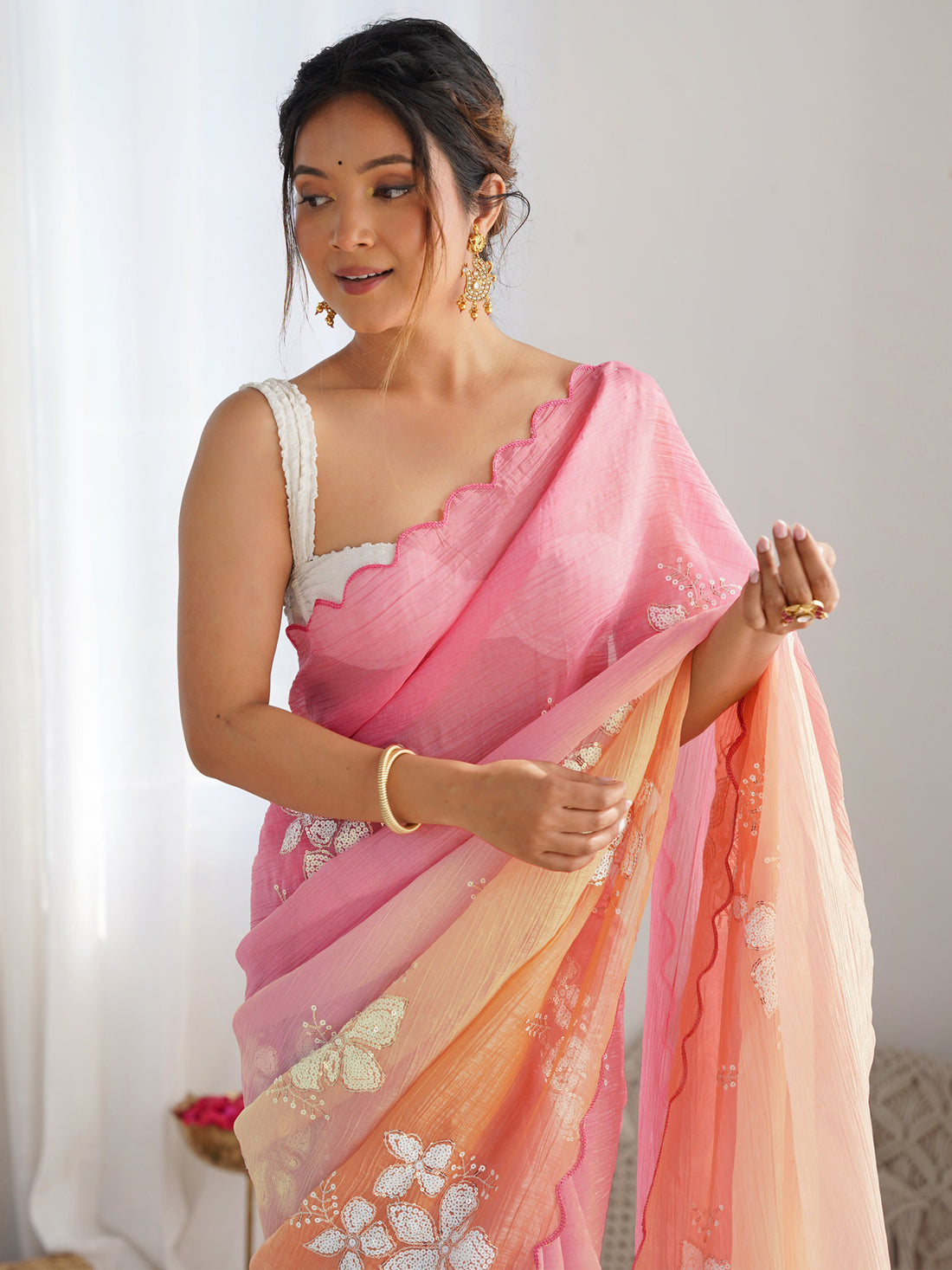 Pink & Orange Gold Crush Silk Embroidered Saree with Scalloped Border & Roto Banglori Silk Blouse