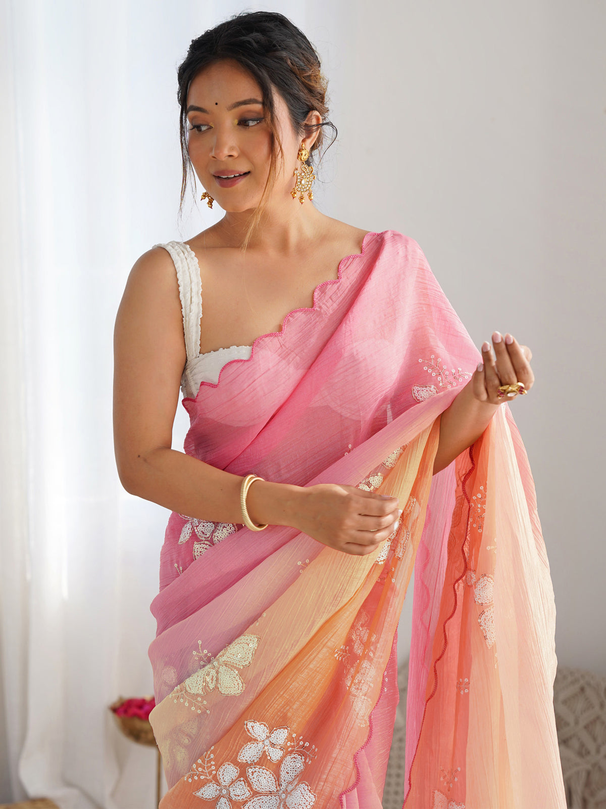 Pink & Orange Gold Crush Silk Embroidered Saree with Scalloped Border & Roto Banglori Silk Blouse