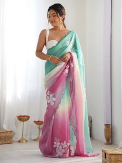 Rama Green & Rani Pink Gold Crush Silk Embroidered Saree with Scalloped Border & Roto Banglori Silk Blouse Piece