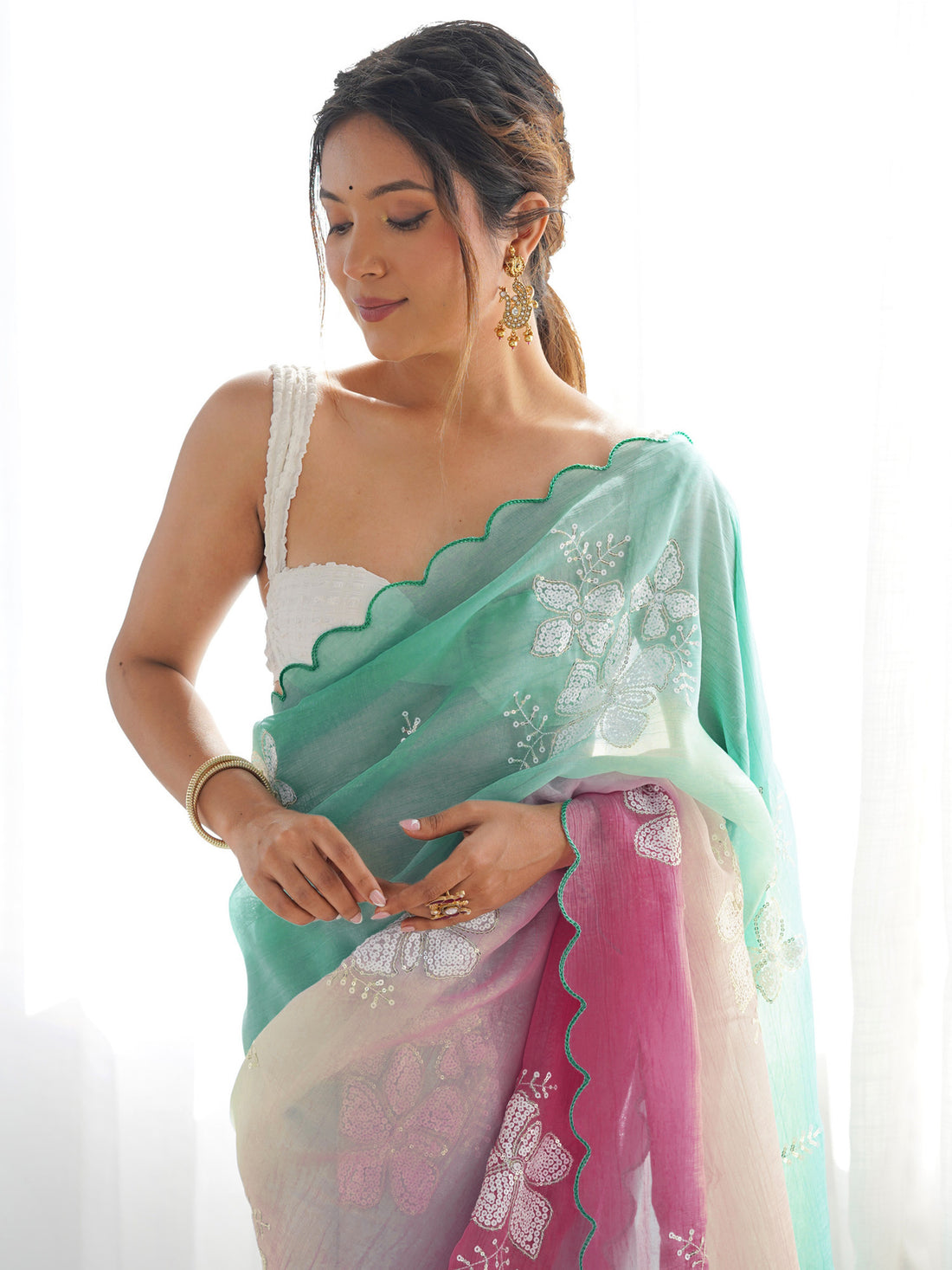 Rama Green & Rani Pink Gold Crush Silk Embroidered Saree with Scalloped Border & Roto Banglori Silk Blouse Piece