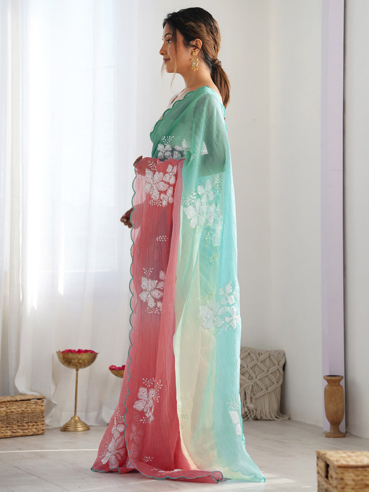 Rama Green & Peach Gold Crush Silk Embroidered Saree with Scalloped Border & Roto Banglori Silk Blouse
