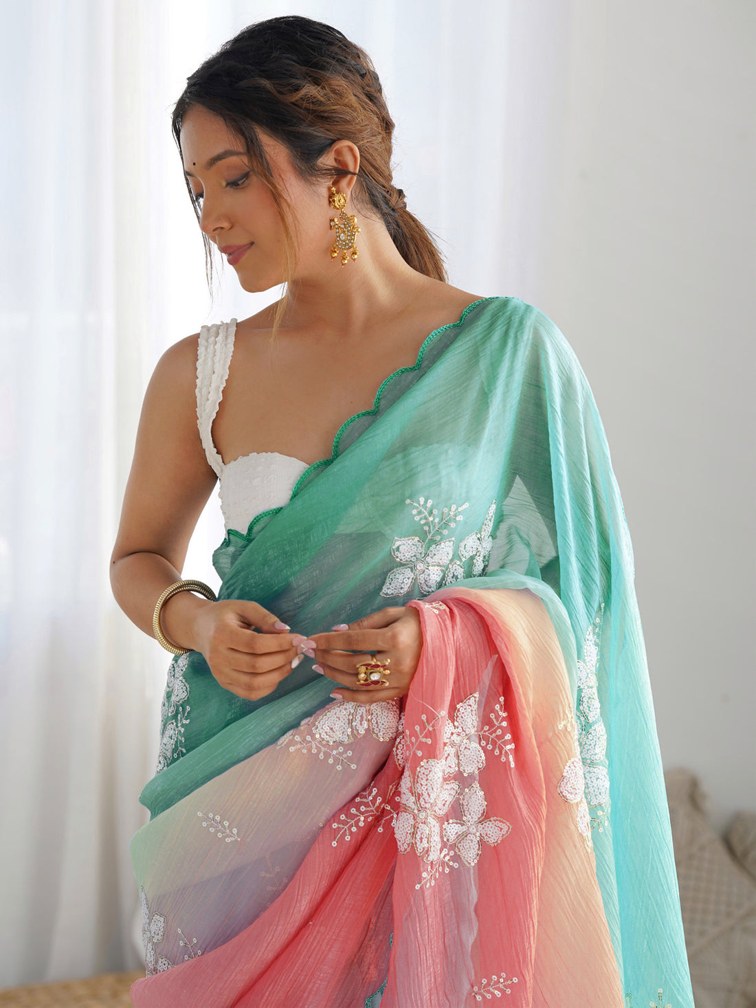 Rama Green & Peach Gold Crush Silk Embroidered Saree with Scalloped Border & Roto Banglori Silk Blouse
