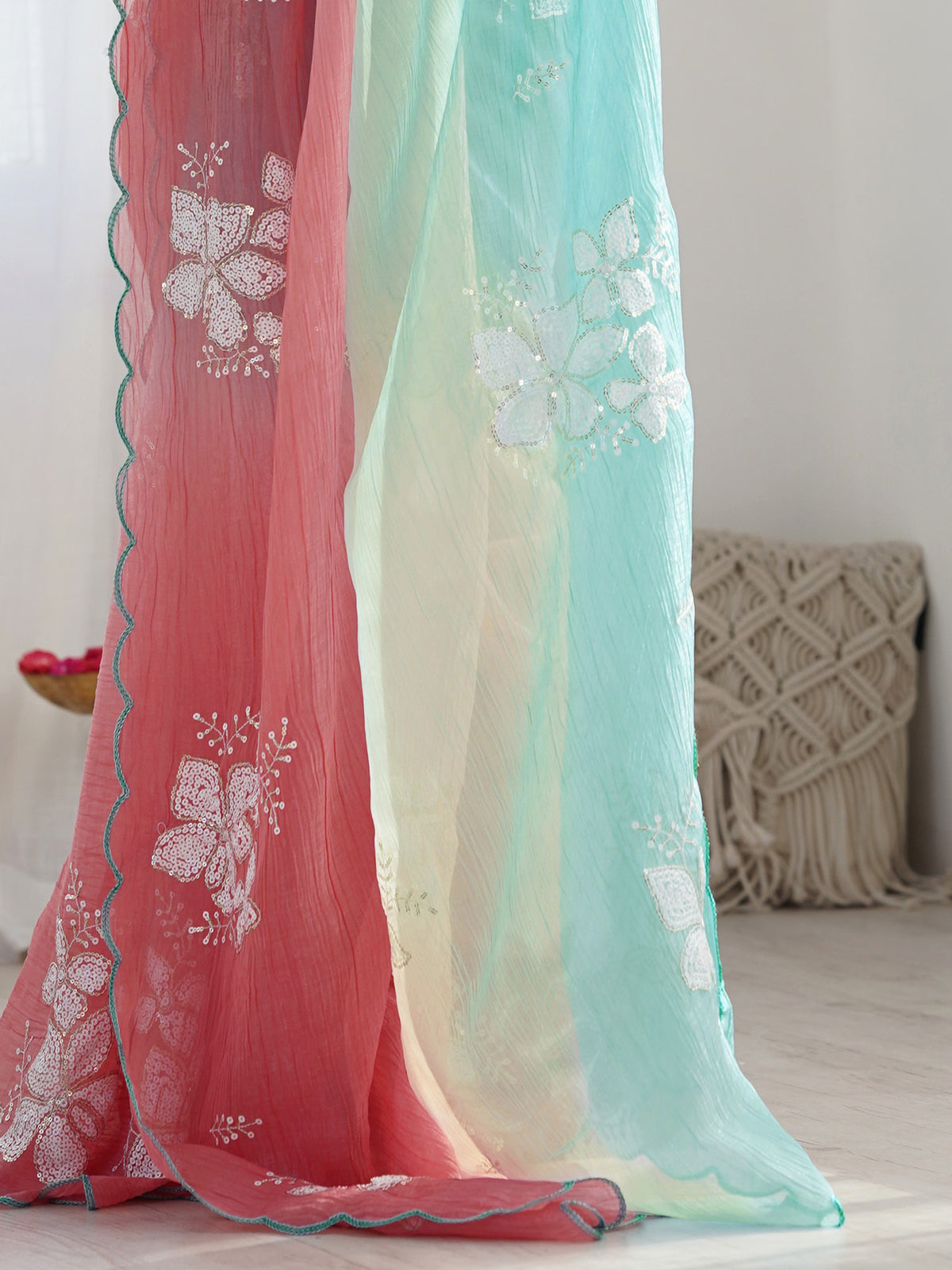 Rama Green & Peach Gold Crush Silk Embroidered Saree with Scalloped Border & Roto Banglori Silk Blouse