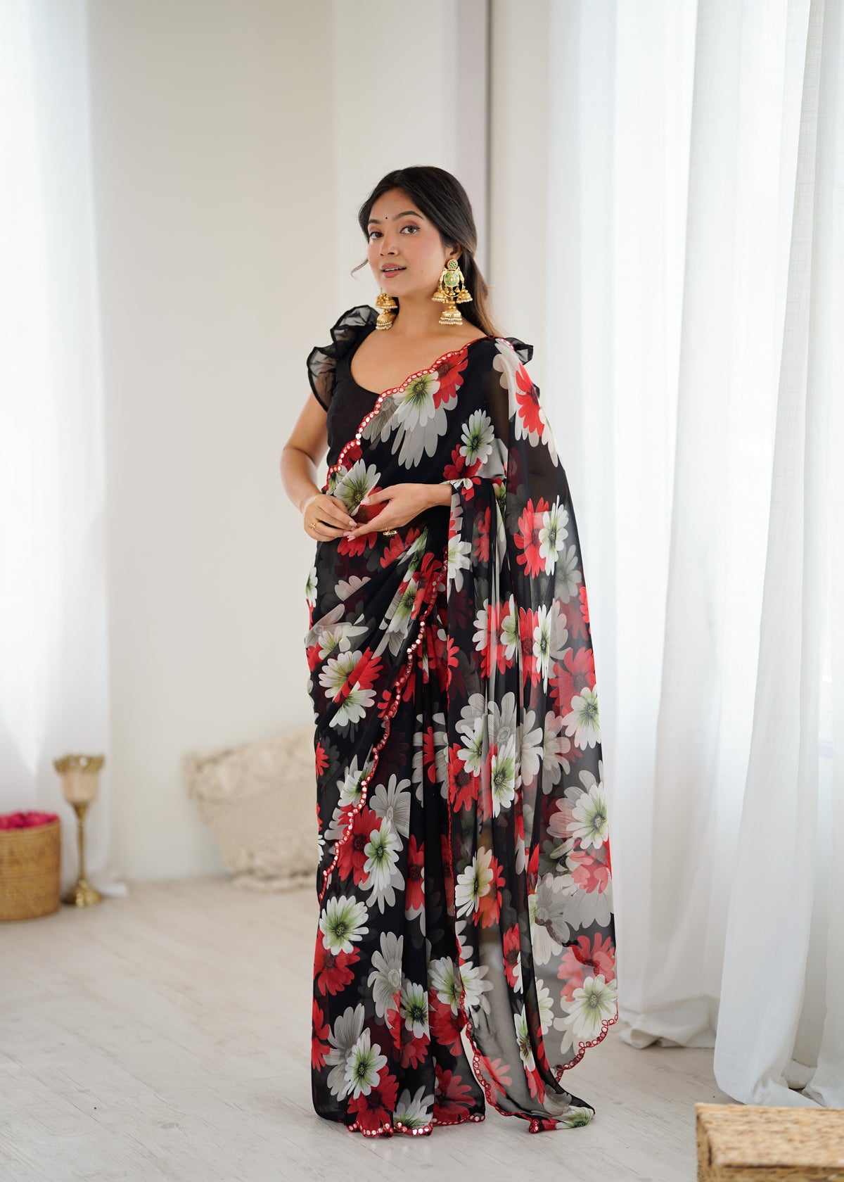 Black Georgette Silk Floral Printed Saree with Mirror Work Border & Unstitched Blouse