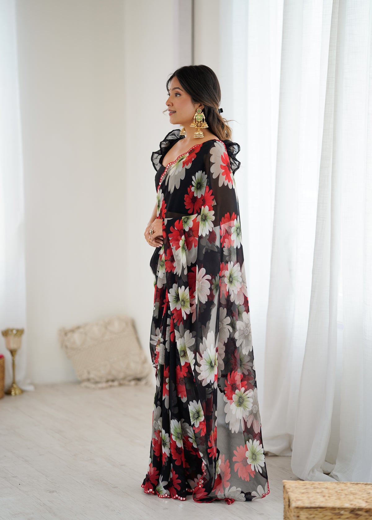 Black Georgette Silk Floral Printed Saree with Mirror Work Border & Unstitched Blouse