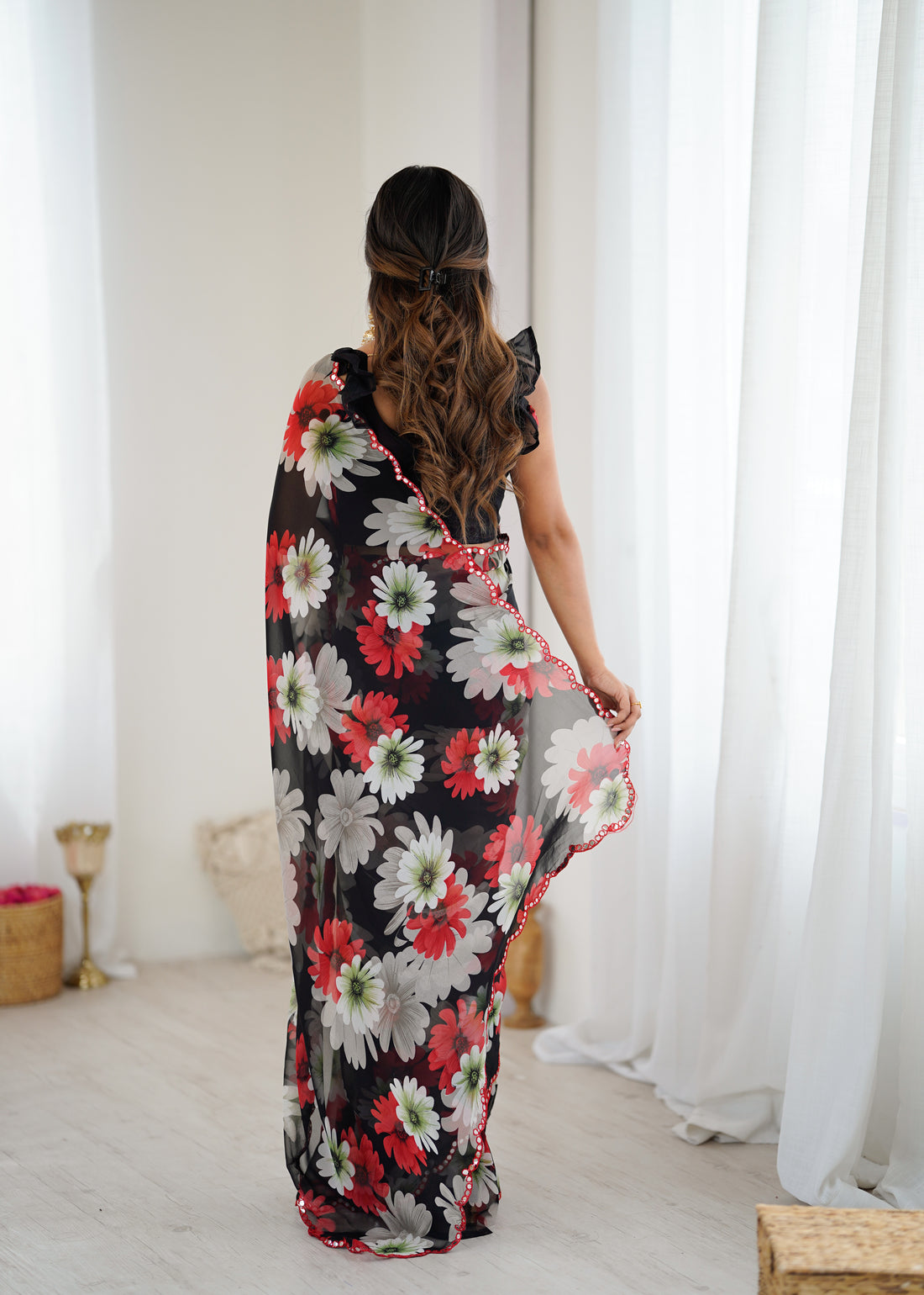 Black Georgette Silk Floral Printed Saree with Mirror Work Border & Unstitched Blouse