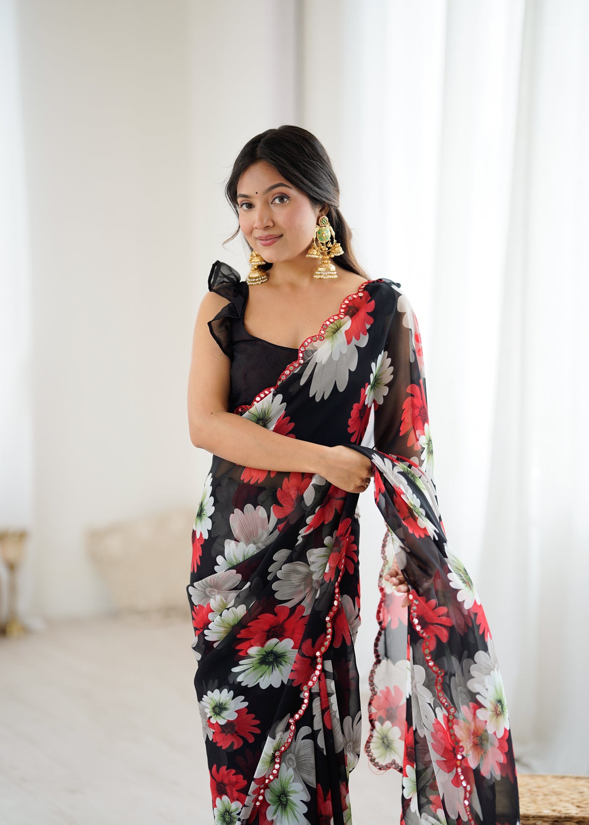 Black Georgette Silk Floral Printed Saree with Mirror Work Border & Unstitched Blouse