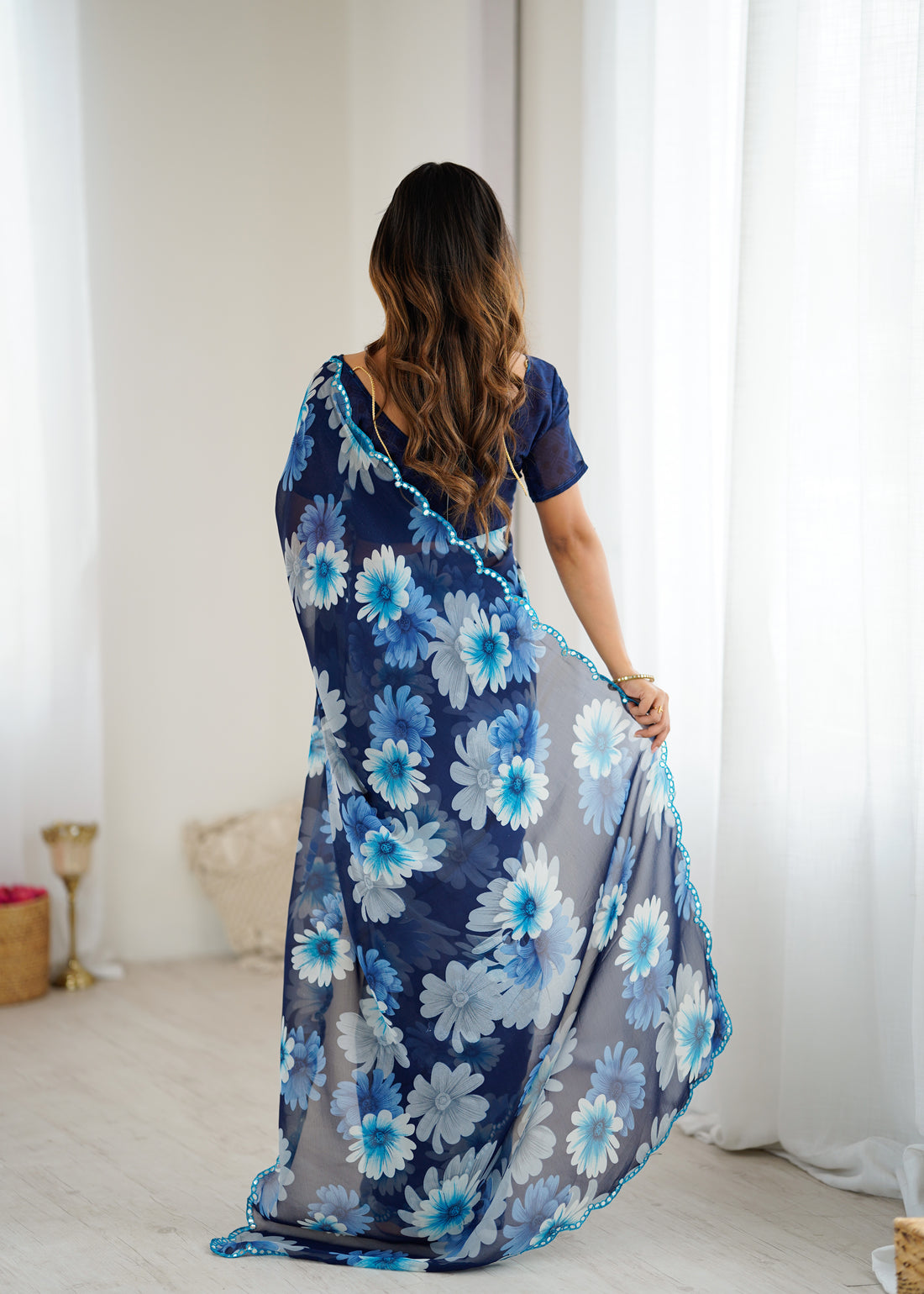 Navy Blue Georgette Silk Floral Printed Saree with Mirror Work Border & Unstitched Blouse