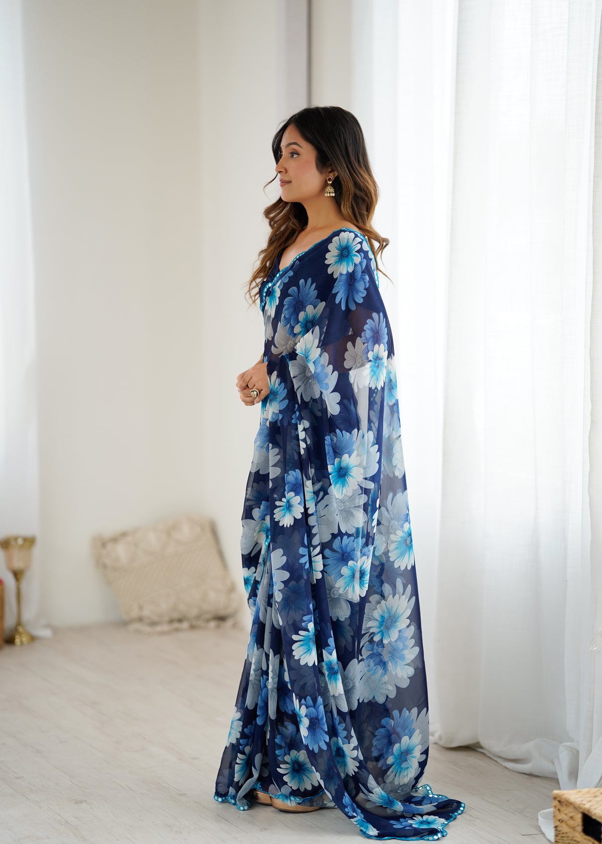 Navy Blue Georgette Silk Floral Printed Saree with Mirror Work Border & Unstitched Blouse