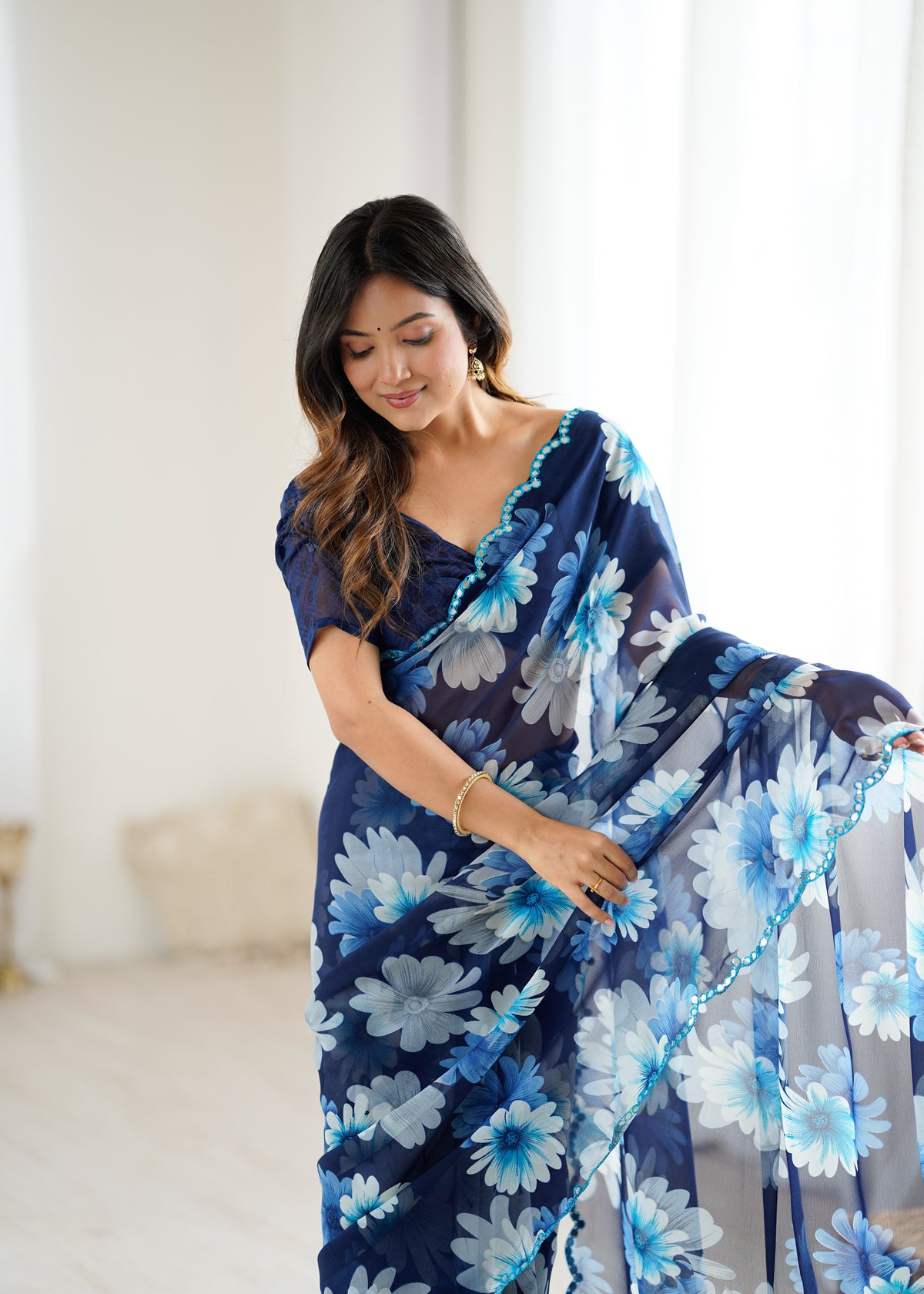 Navy Blue Georgette Silk Floral Printed Saree with Mirror Work Border & Unstitched Blouse