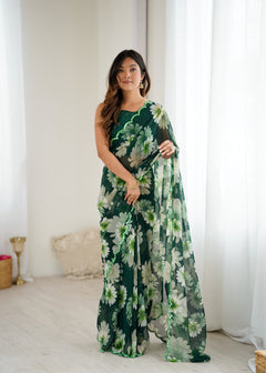Bottle Green Georgette Silk Floral Printed Saree with Mirror Work Border & Unstitched Blouse