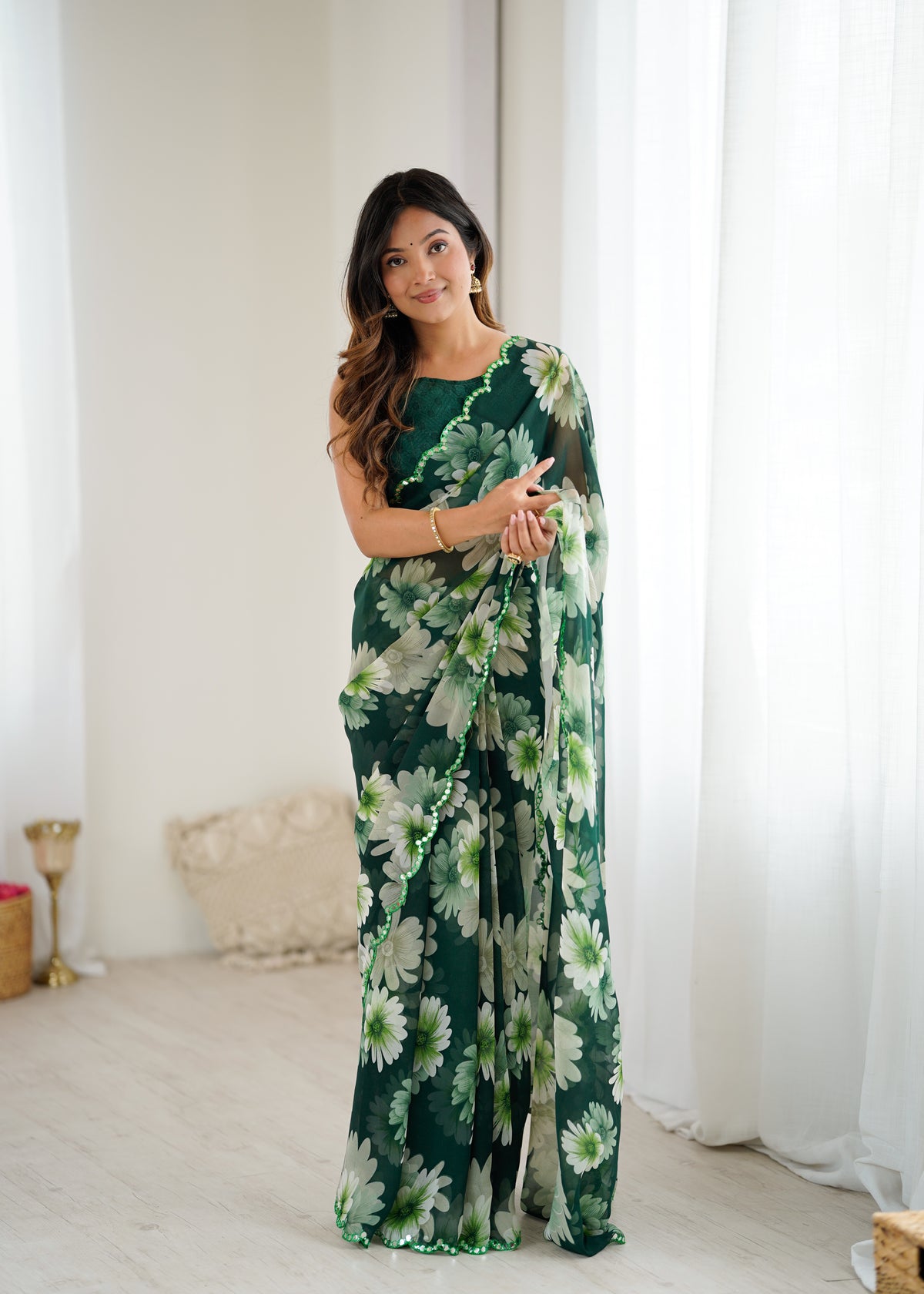 Bottle Green Georgette Silk Floral Printed Saree with Mirror Work Border & Unstitched Blouse