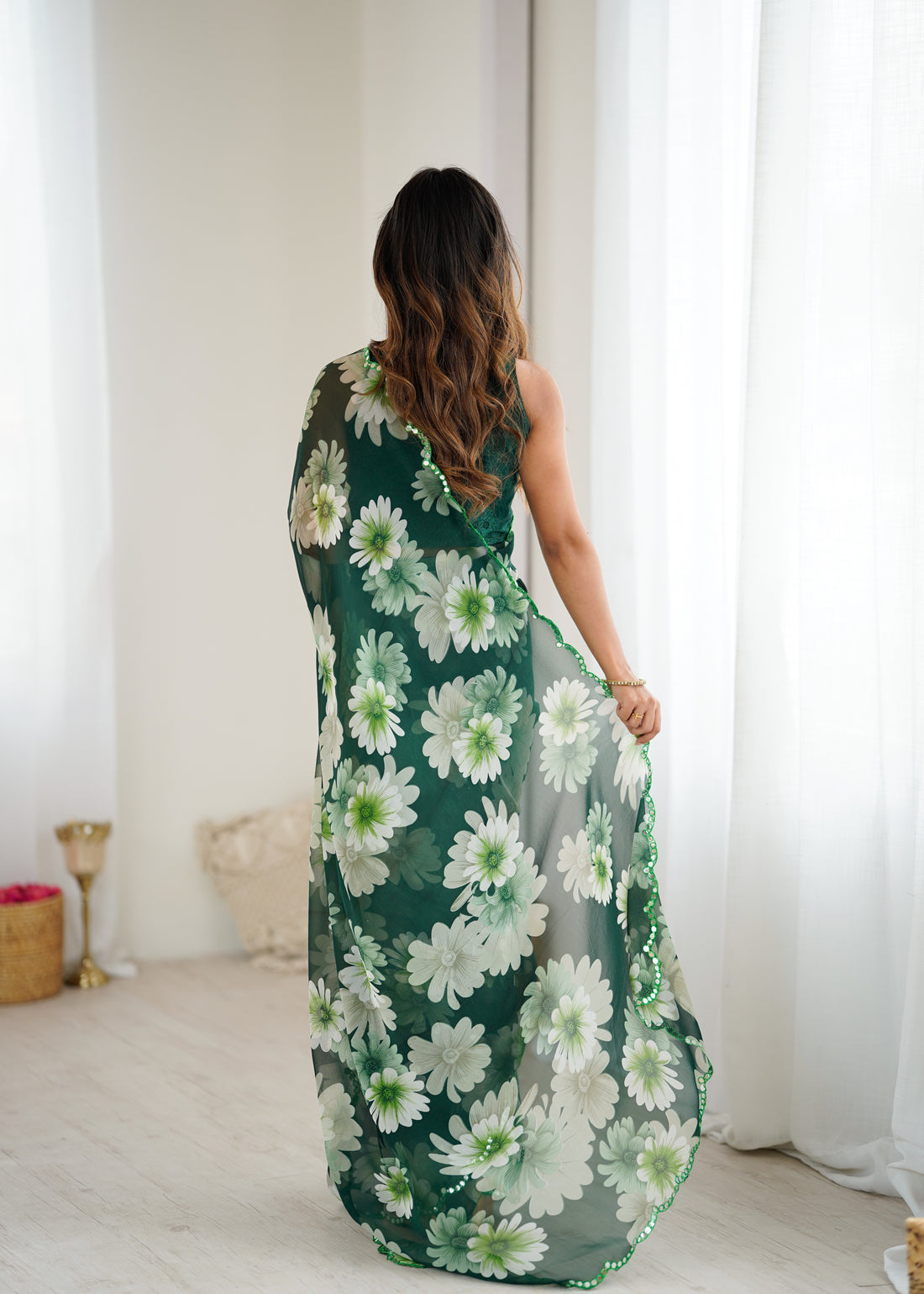 Bottle Green Georgette Silk Floral Printed Saree with Mirror Work Border & Unstitched Blouse