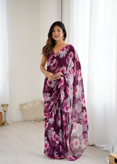 Wine Purple Georgette Silk Floral Printed Saree with Mirror Work Border & Unstitched Blouse