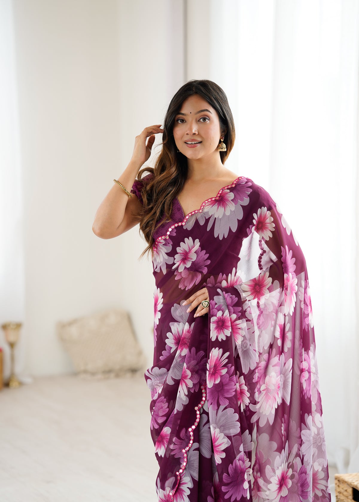Wine Purple Georgette Silk Floral Printed Saree with Mirror Work Border & Unstitched Blouse