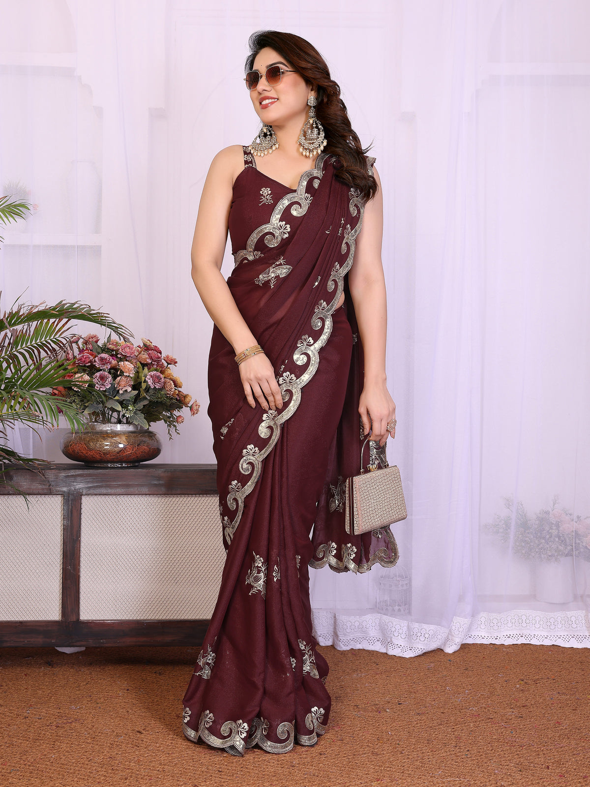 Burgundy Heavy Star Georgette Silk Saree with Sequin Embroidery & Embroidered Blouse