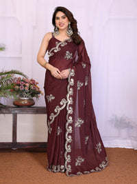Burgundy Heavy Star Georgette Silk Saree with Sequin Embroidery & Embroidered Blouse