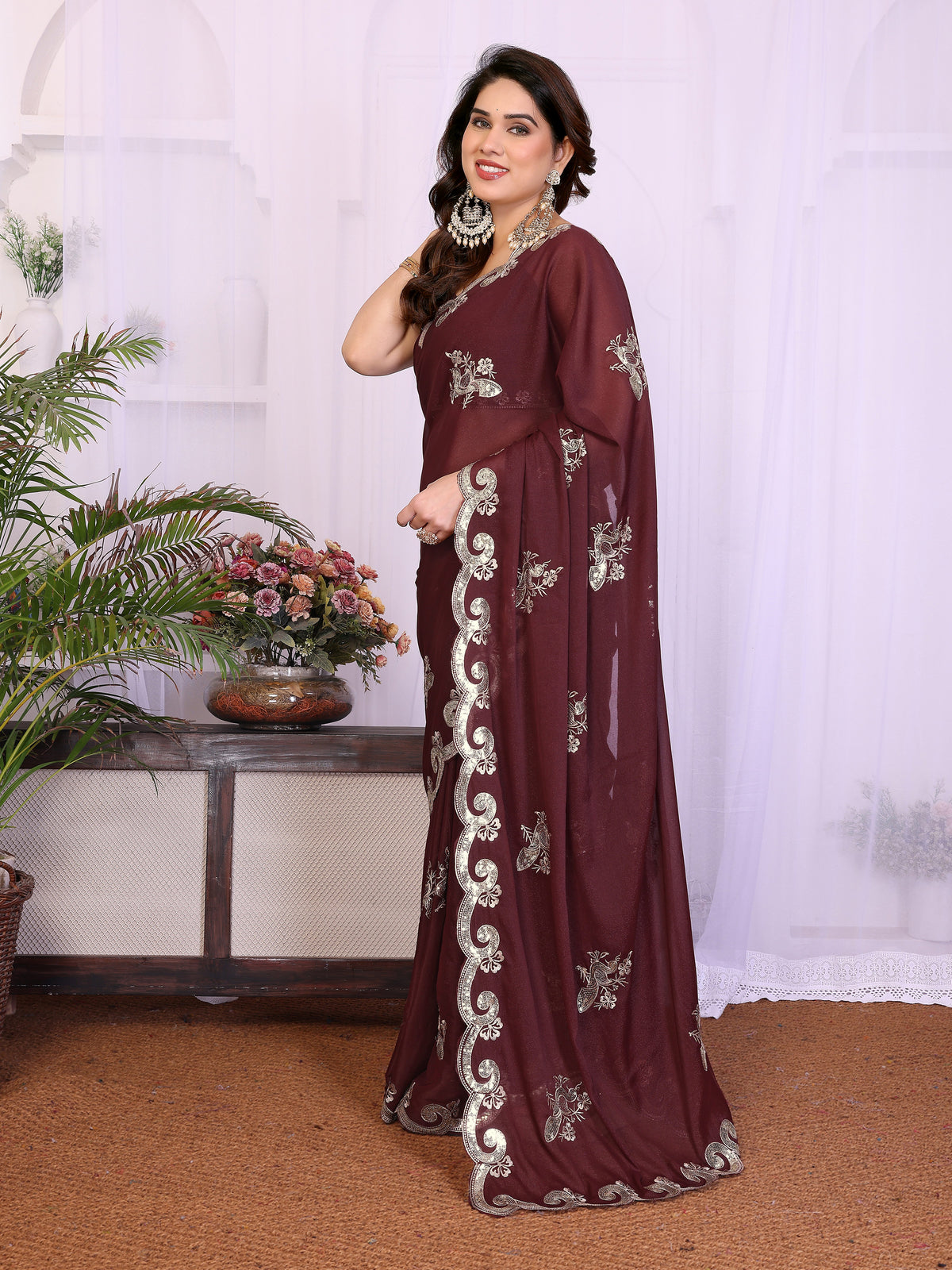 Burgundy Heavy Star Georgette Silk Saree with Sequin Embroidery & Embroidered Blouse