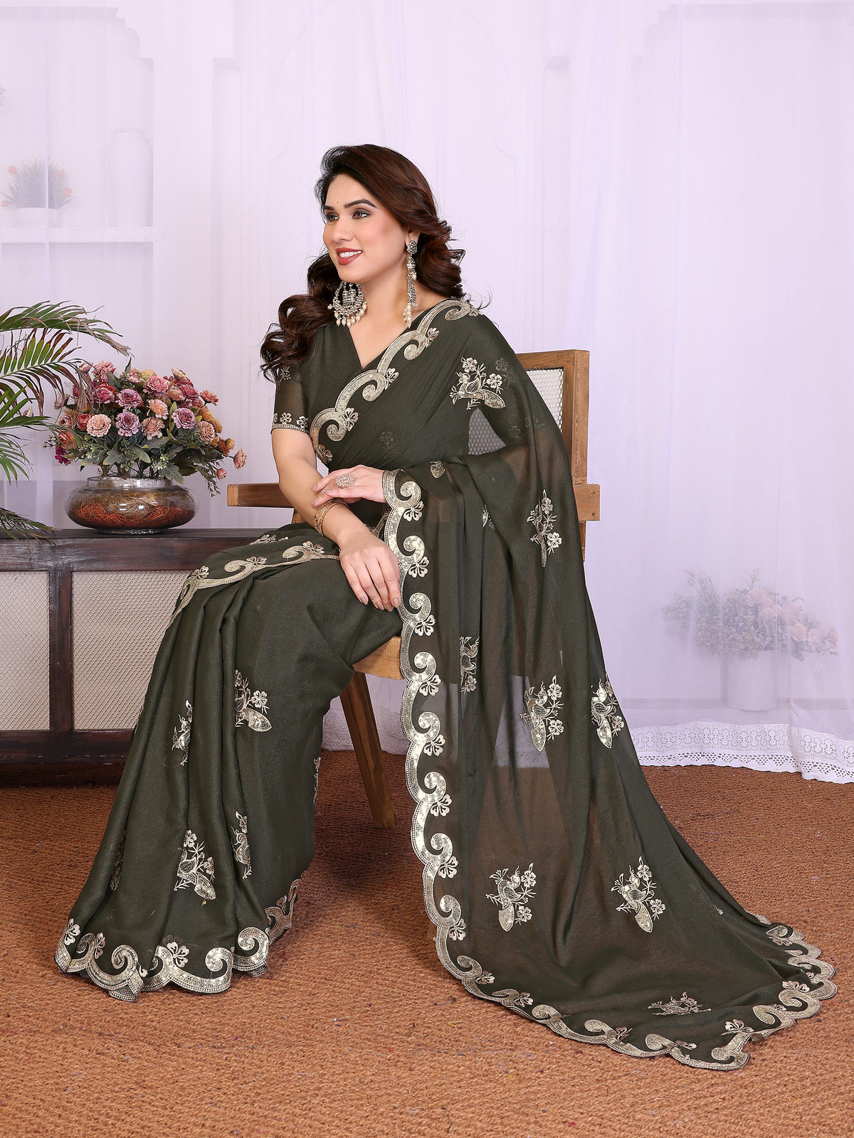 Mehendi Green Heavy Star Georgette Silk Saree with Sequin Embroidery & Embroidered Blouse