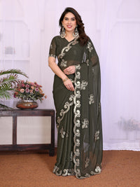 Mehendi Green Heavy Star Georgette Silk Saree with Sequin Embroidery & Embroidered Blouse