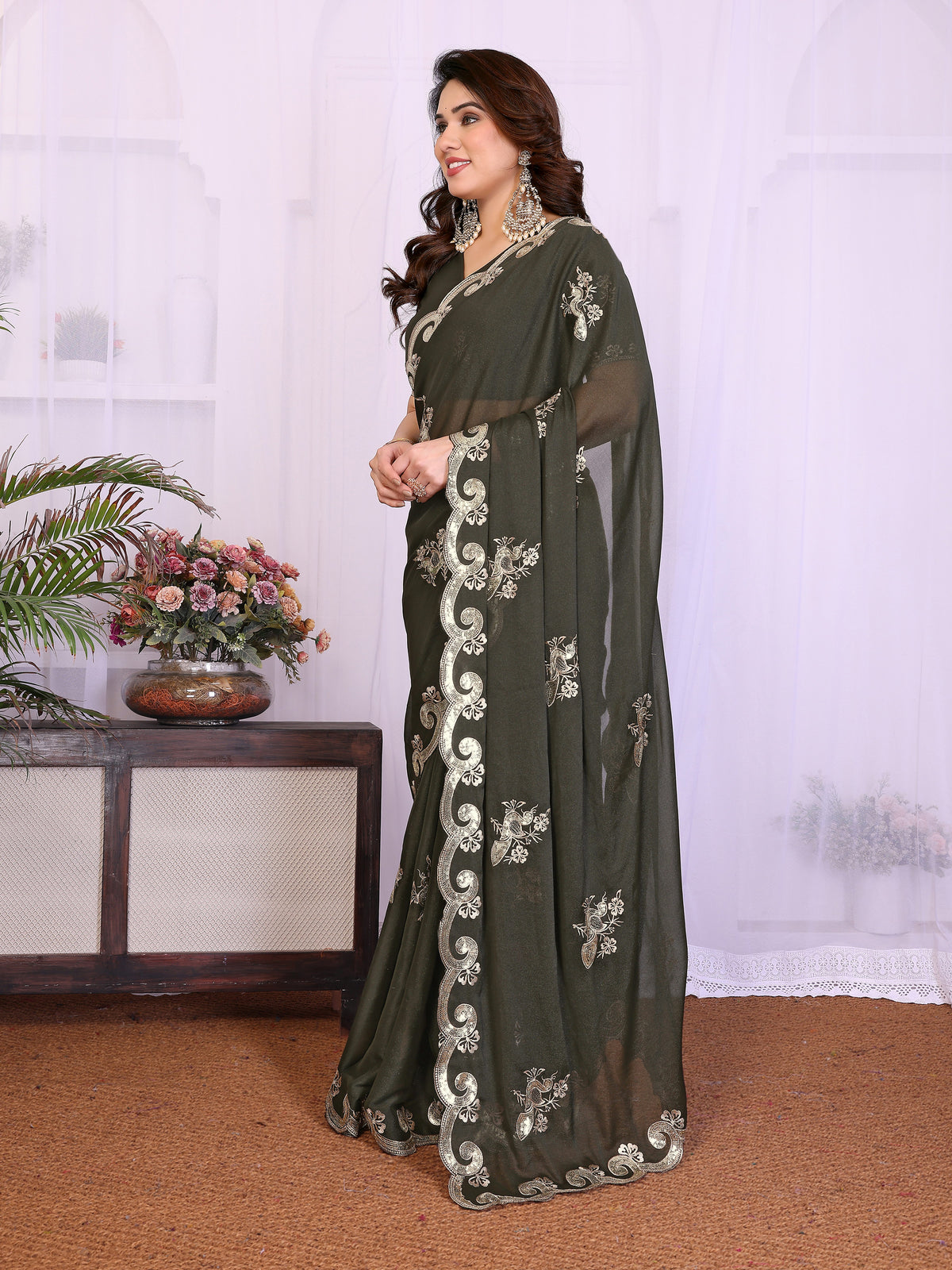 Mehendi Green Heavy Star Georgette Silk Saree with Sequin Embroidery & Embroidered Blouse