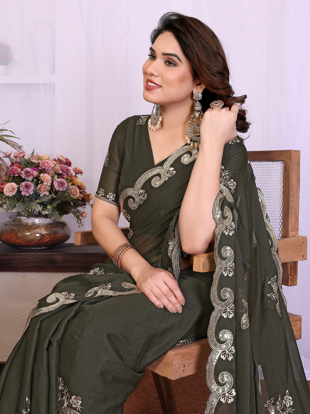 Mehendi Green Heavy Star Georgette Silk Saree with Sequin Embroidery & Embroidered Blouse