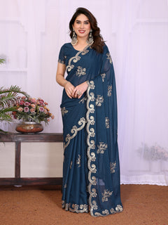 Peacock Blue Heavy Star Georgette Silk Saree with Sequin Embroidery & Embroidered Blouse