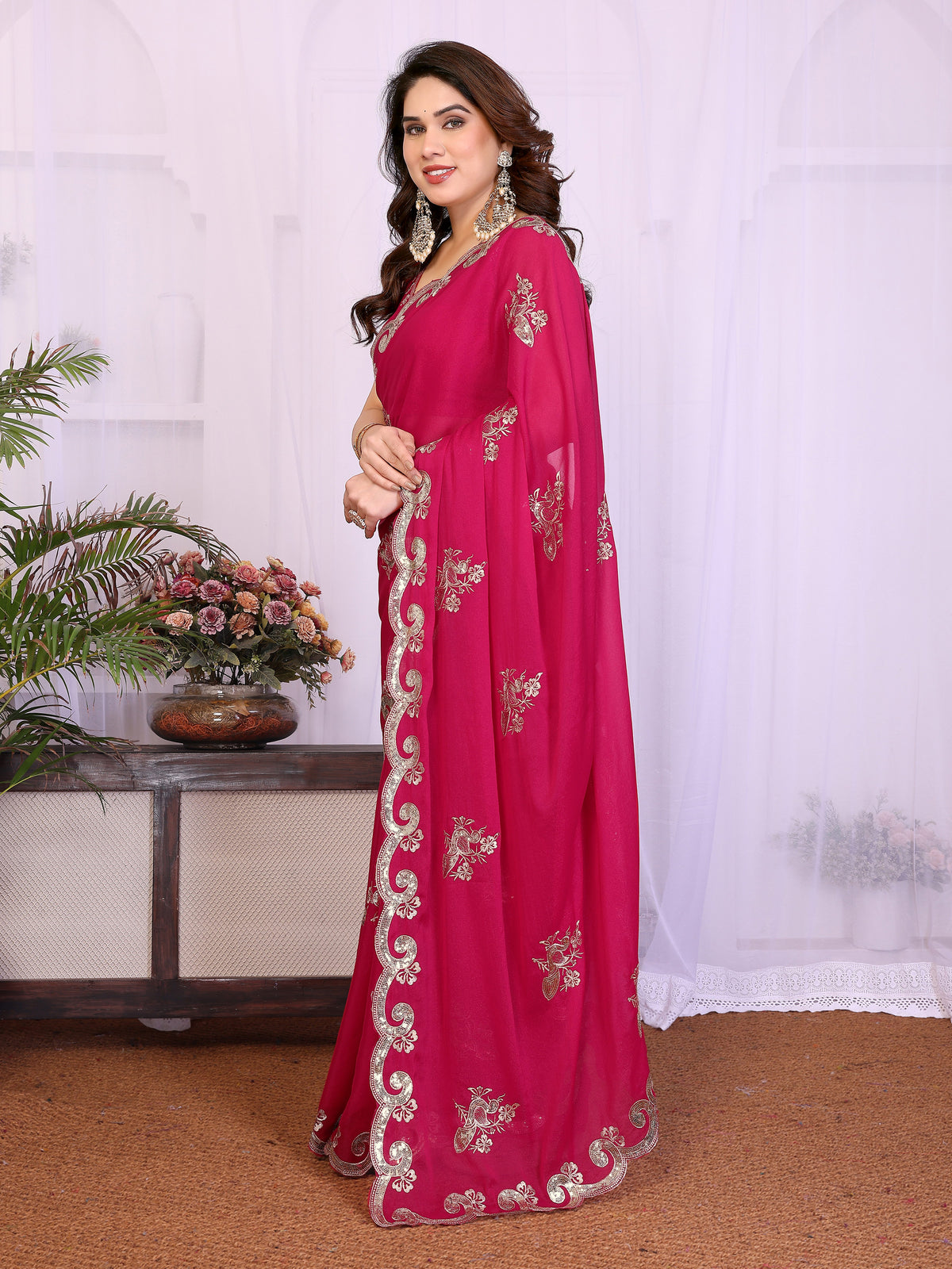 Rani Pink Heavy Star Georgette Silk Saree with Sequin Embroidery & Embroidered Blouse