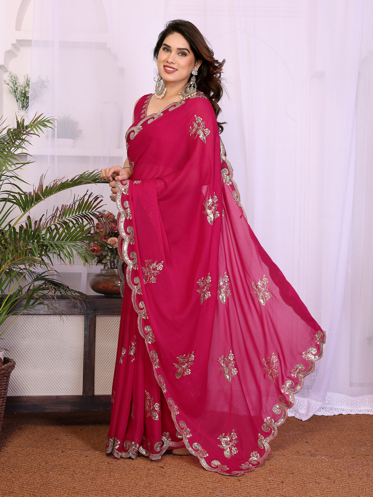 Rani Pink Heavy Star Georgette Silk Saree with Sequin Embroidery & Embroidered Blouse