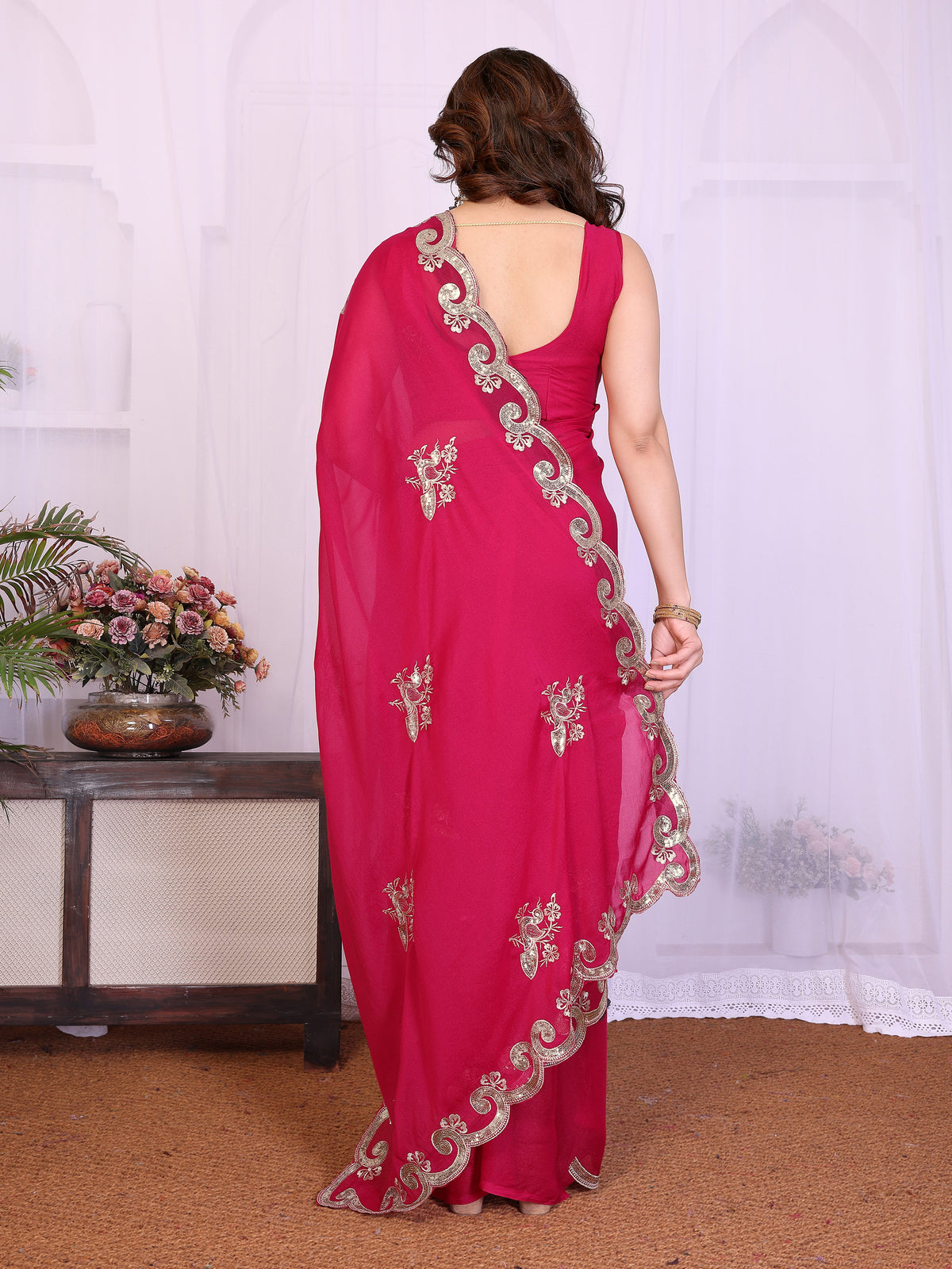 Rani Pink Heavy Star Georgette Silk Saree with Sequin Embroidery & Embroidered Blouse