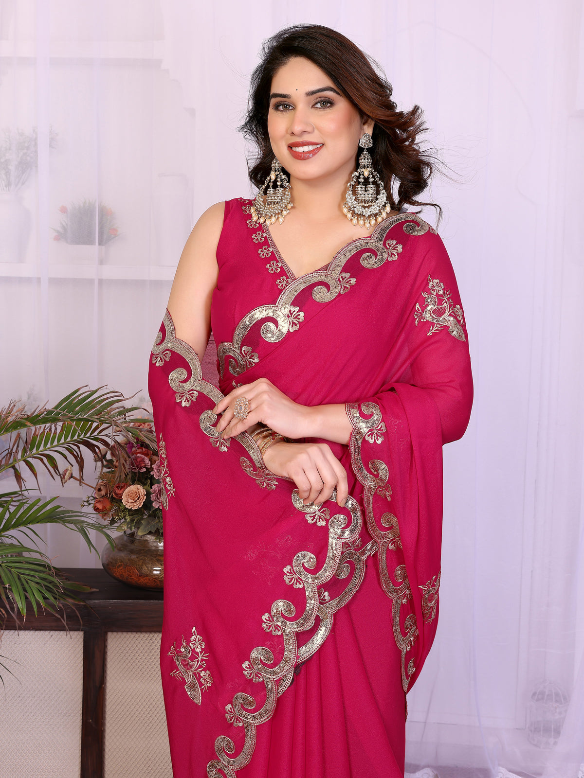 Rani Pink Heavy Star Georgette Silk Saree with Sequin Embroidery & Embroidered Blouse