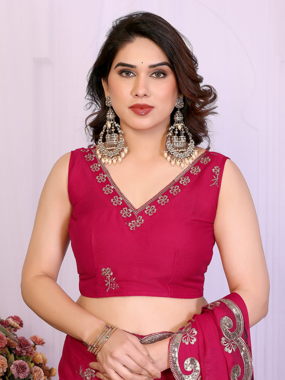 Rani Pink Heavy Star Georgette Silk Saree with Sequin Embroidery & Embroidered Blouse