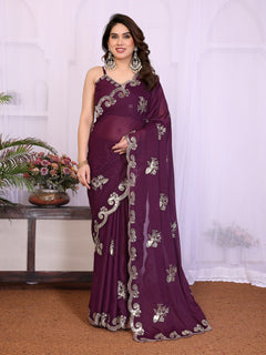 Wine Heavy Star Georgette Silk Saree with Sequin Embroidery & Embroidered Blouse