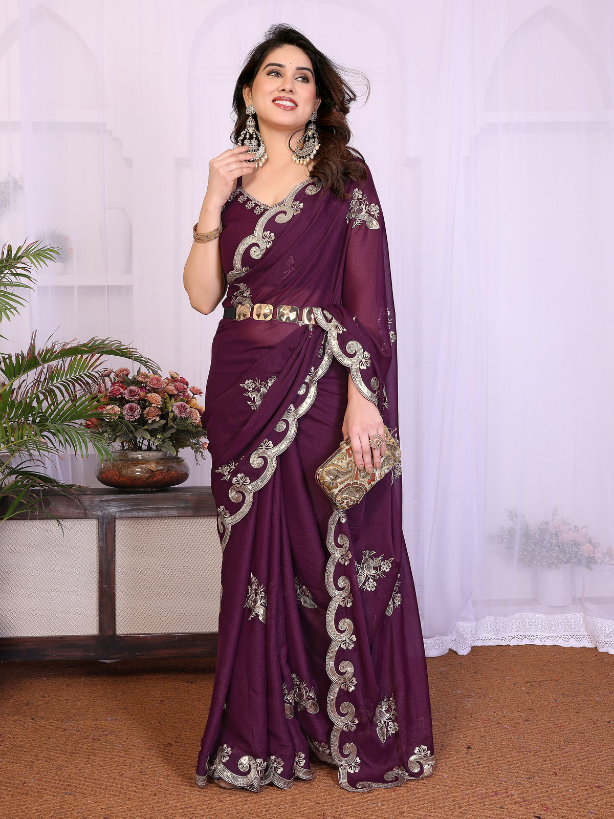 Wine Heavy Star Georgette Silk Saree with Sequin Embroidery & Embroidered Blouse