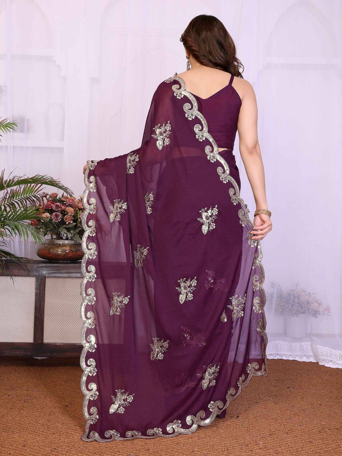 Wine Heavy Star Georgette Silk Saree with Sequin Embroidery & Embroidered Blouse
