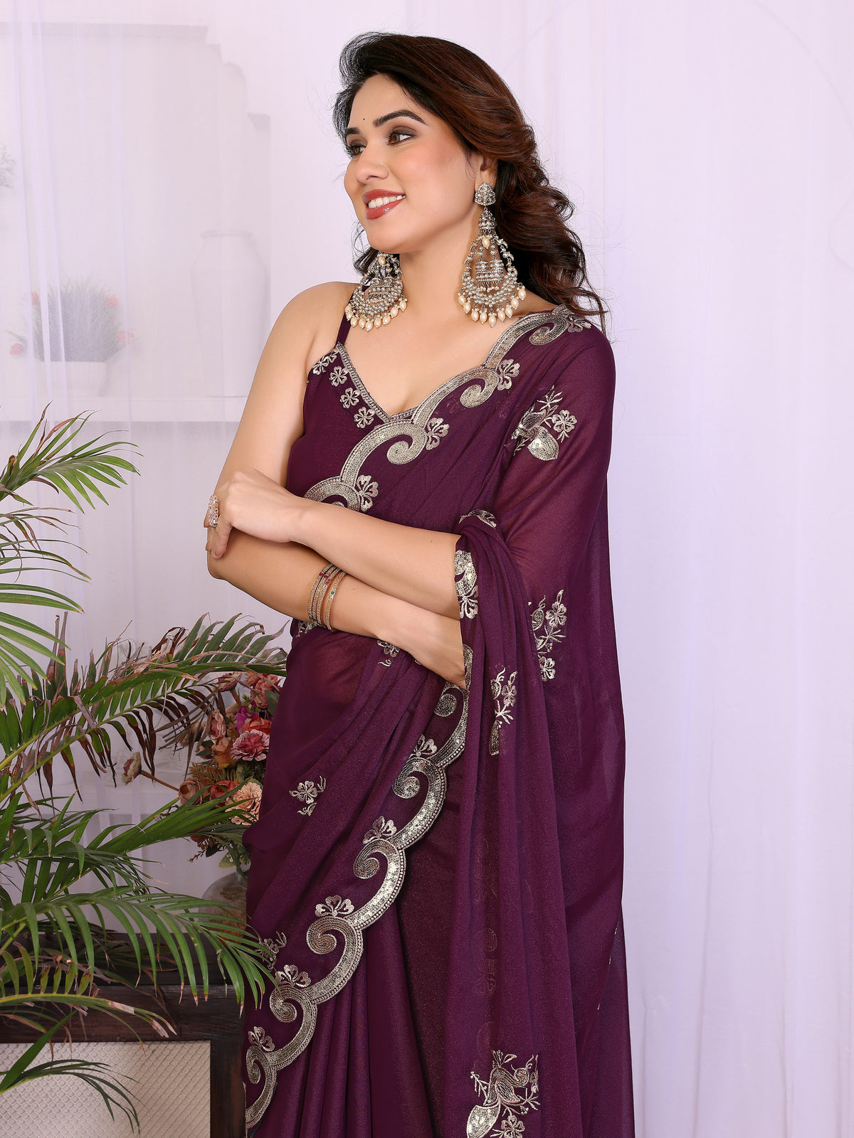Wine Heavy Star Georgette Silk Saree with Sequin Embroidery & Embroidered Blouse