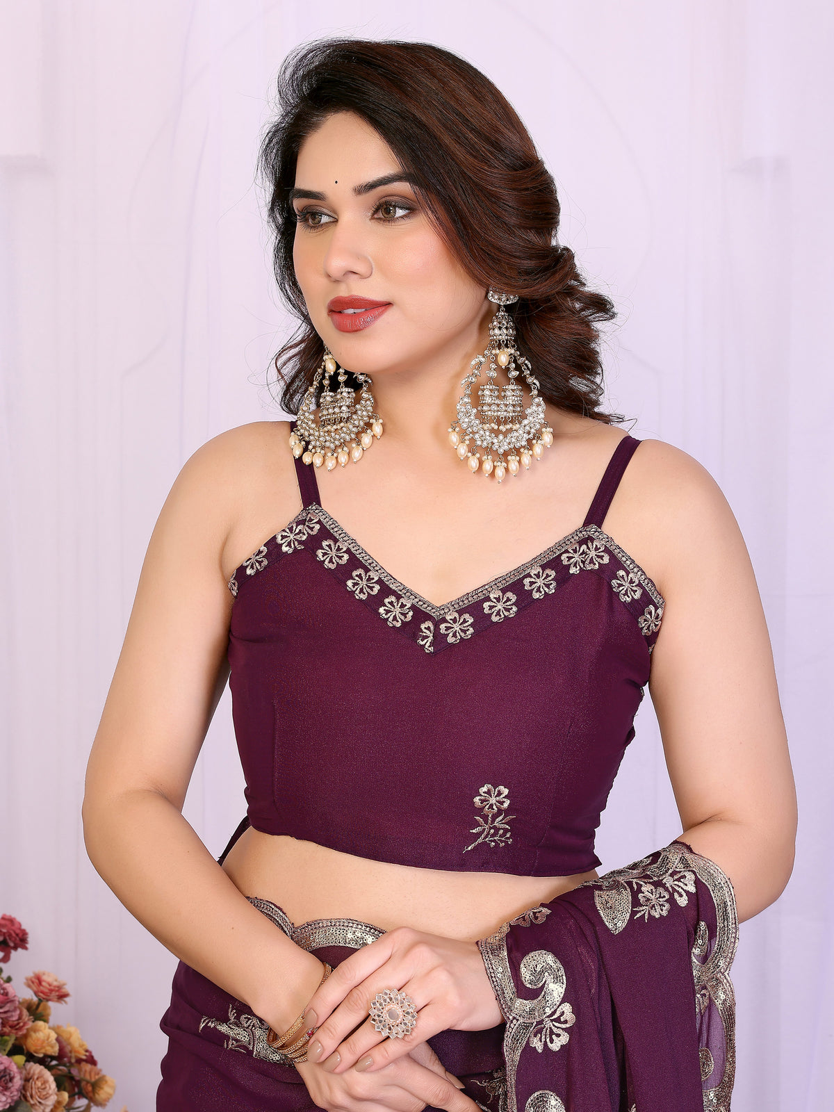 Wine Heavy Star Georgette Silk Saree with Sequin Embroidery & Embroidered Blouse
