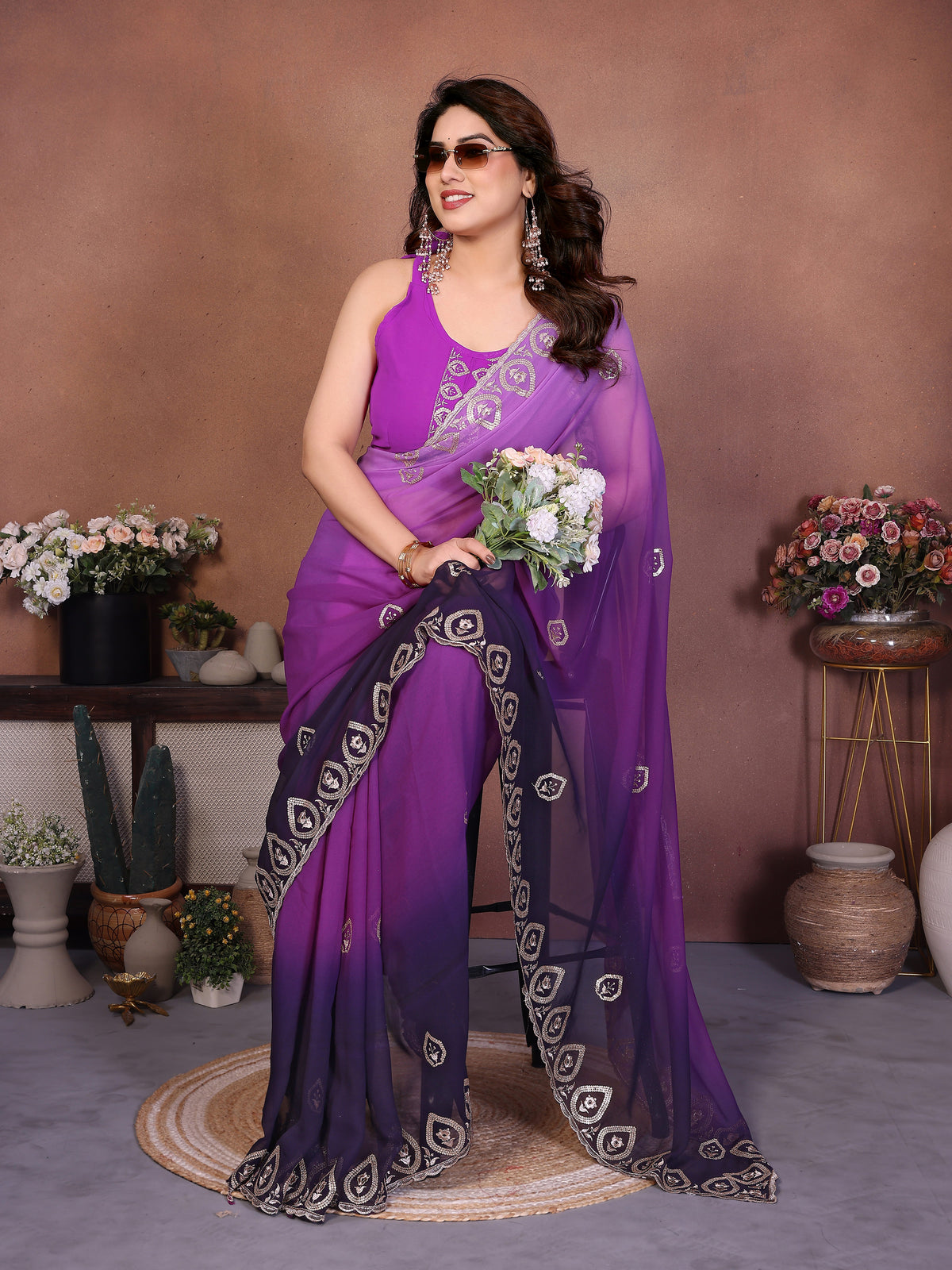 Purple Heavy Georgette Silk Embroidered Saree with Dark Purple Contrast Panel & Embroidered Blouse