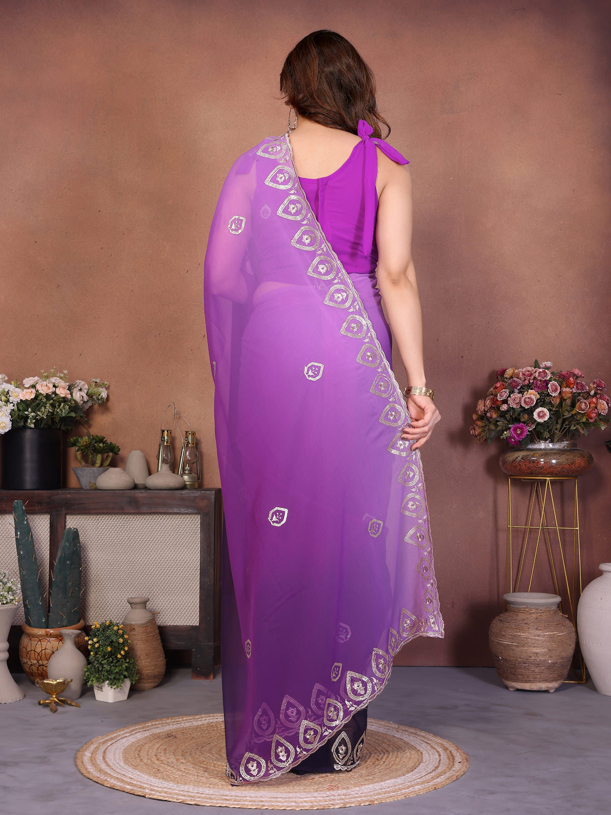 Purple Heavy Georgette Silk Embroidered Saree with Dark Purple Contrast Panel & Embroidered Blouse