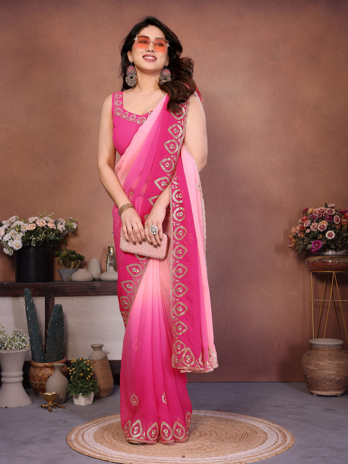 Rose Pink Heavy Georgette Silk Embroidered Saree with Contrast Pink Panel & Embroidered Blouse