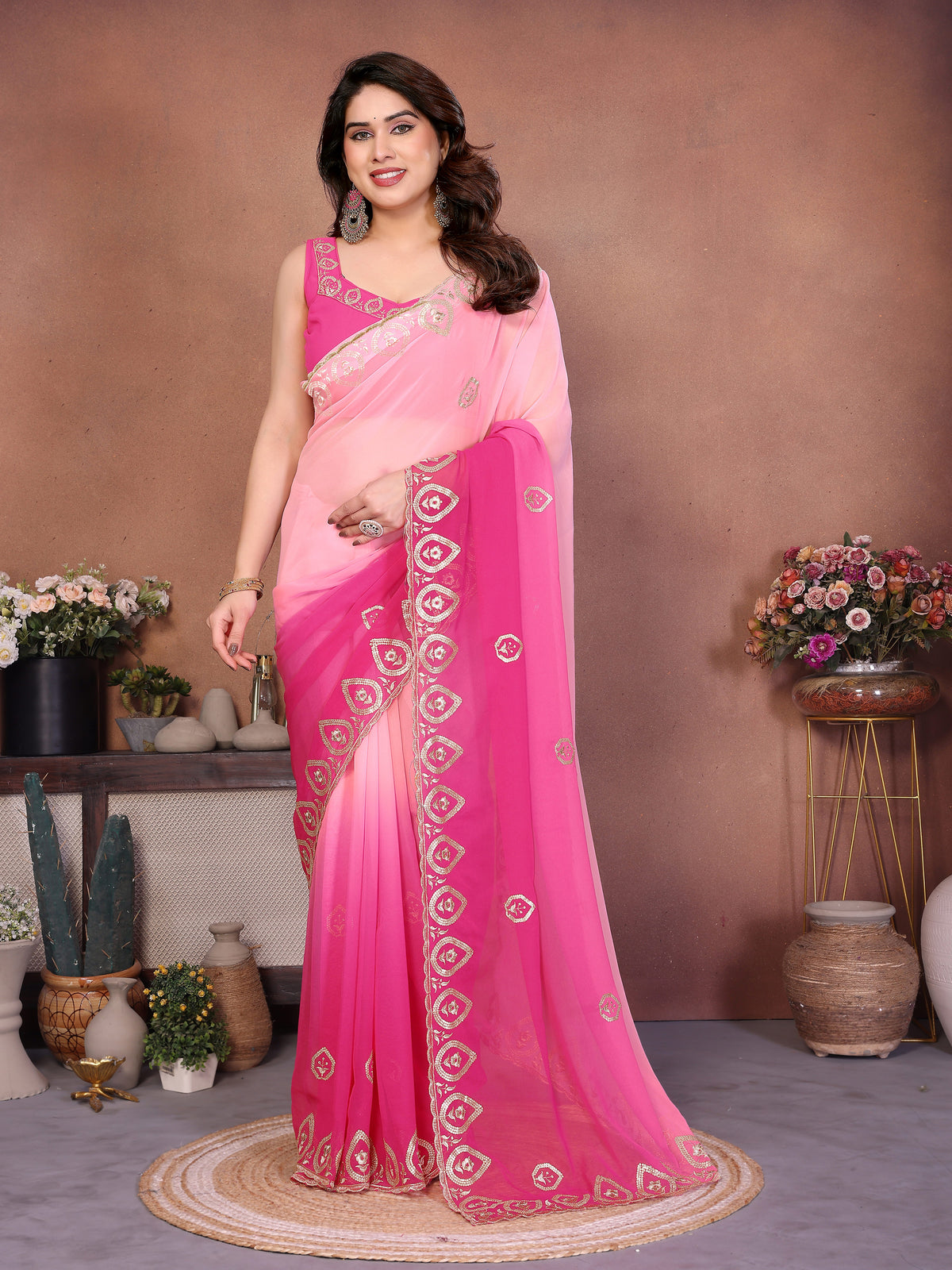 Rose Pink Heavy Georgette Silk Embroidered Saree with Contrast Pink Panel & Embroidered Blouse