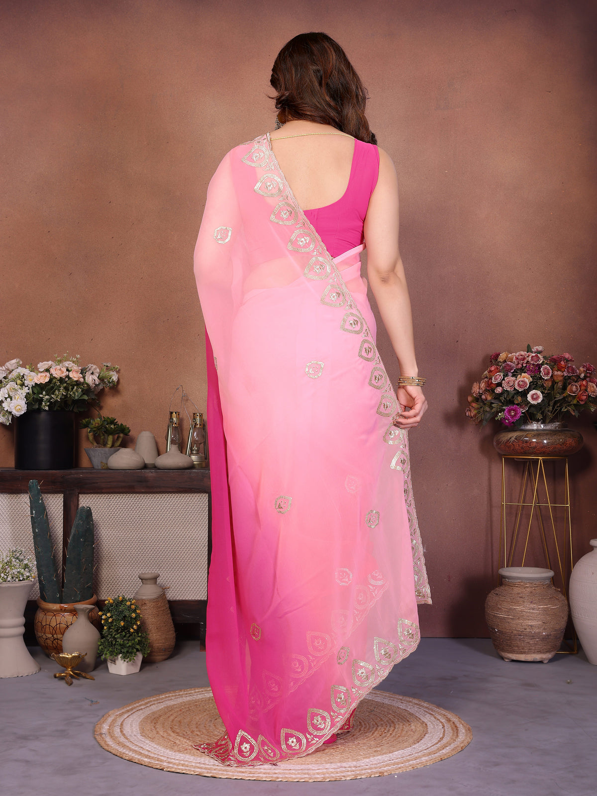 Rose Pink Heavy Georgette Silk Embroidered Saree with Contrast Pink Panel & Embroidered Blouse