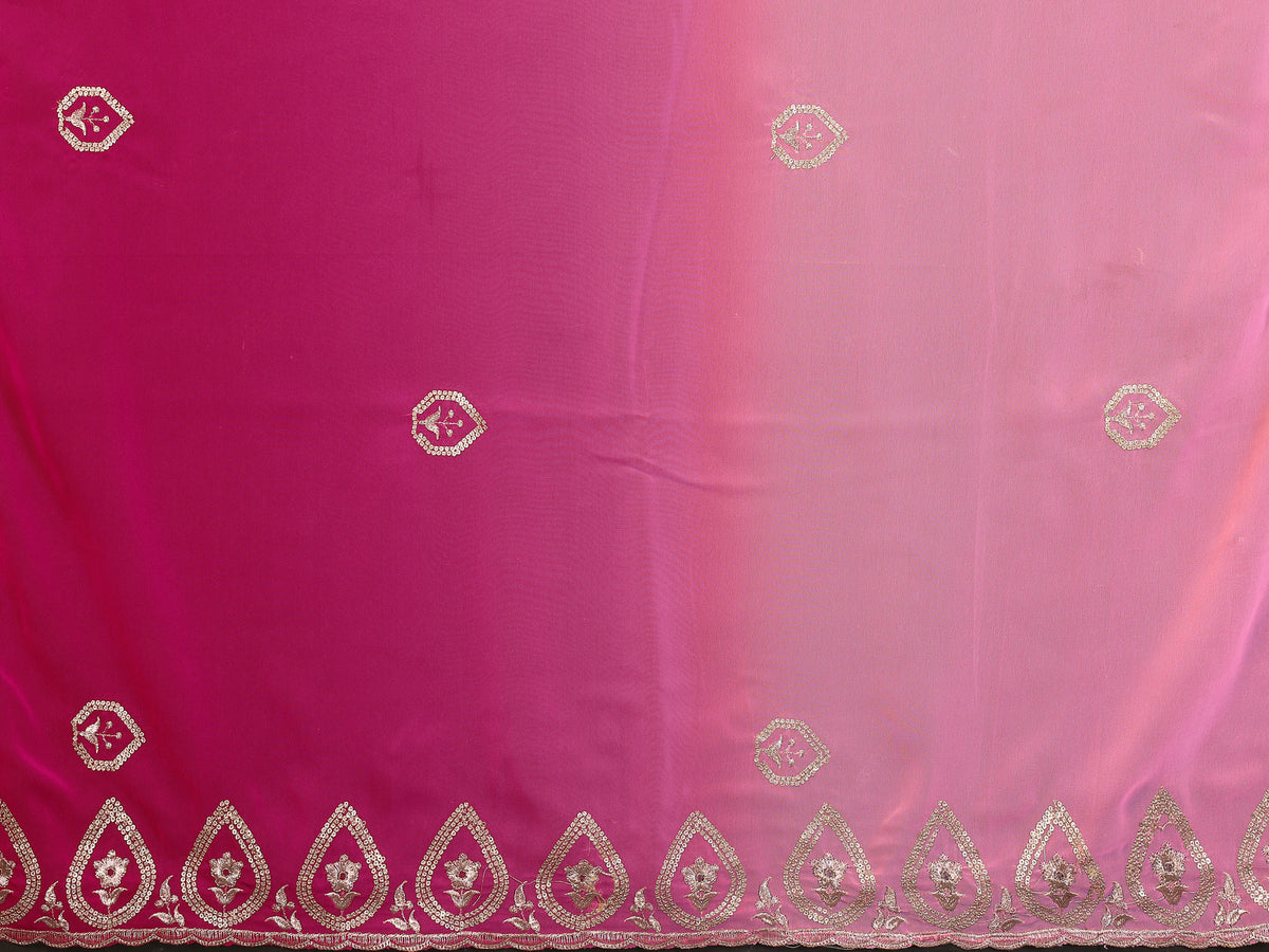 Rose Pink Heavy Georgette Silk Embroidered Saree with Contrast Pink Panel & Embroidered Blouse