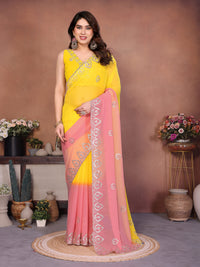 Multicolour Heavy Georgette Silk Embroidered Saree with Green, Yellow, Peach & Pink Ombre Design